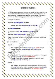 This parallel structure worksheet directs the student to read each given sentence and write if it contains parallel structure or not. Parallel Structure Esl Worksheet By Anancy