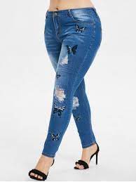 Tallas Grandes Mariposa Bordado Pantalones Vaqueros Rasgados Skinny Pants Women Embroidered Denim Pants Skinny Jeans Style