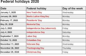 Federal Us Holidays 2020 Calendar In 2020 Holiday Calendar Printable Holiday Calendar Calendar Printables