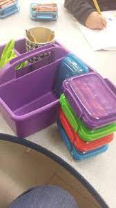 These Are Snack Containers From The Dollar Tree They Hold A Box Of 24 Crayons Perfectly And My Tabl Kindergarten Crayons Crayon Storage Crayon Organization