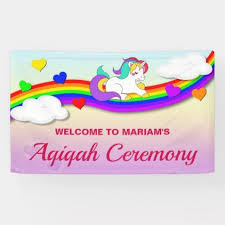 Available in 24 x 63 and 32 x 71 sizes. Magical Rainbow Cute Unicorn Aqiqah Banner Zazzle Com Magical Rainbow Cute Unicorn Unicorn Party Supplies