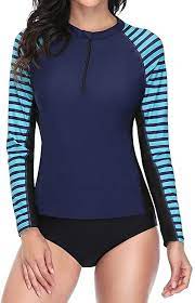 Daci Women Long Sleeve Rash Guard Zipper Striped Swimsuit Sets Bathing Suit Upf 50 With Built Long Sleeve Swimsuit Long Sleeve Bathing Suit Rashguard Swimsuit