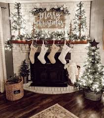 White Brick Fireplace With Wood Hearth White And Beige Minimalist Stocking Wood Floor And Christmas Christmas Fireplace Holiday Decor Christmas Decorations