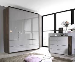 Mirrored furniture, trendy or here to stay?? Erimo Royal Walnut Soft Grey Glass 5 Door 6 Drawer Wardrobe W225cm