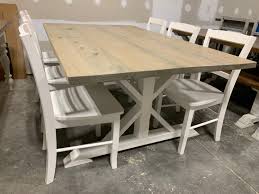 Modern farmhouse gray and white dining table makeover. 6ft Rustic Farmhouse Table Set With White Chairs Gray Stained Finish Purse White Base Wooden Wide Dining Set