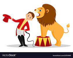 Cartoon Lion Tamer Puts His Head In The Jaws Of Vector Image Cartoon Lion Lion Tamer Circus Illustration