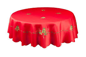 Warmth and beauty will fill your dining room or kitchen when you add one of our table cloths to your decor. Christmas Tree Red Tablecloth With Tree And Gift Embroidery Detail