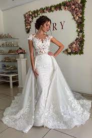 Cap Sleeves Appliques Mermaid Brautkleid Mit Abnehmbarem Zug Abnehmbarem Appliques Brau Detachable Wedding Dress Wedding Dress Train Elegant Wedding Dress