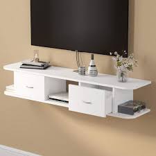 Tv box shelf accessories space saving router holder stand rack home wall mount. Tribesigns Floating Tv Shelf White Wall Mounted Media Tv Stand Console With Drawers Floating Tv Component Shelf Desk Storage Hutch For Cable Boxes Router Dvd Player White Walmart Com Walmart Com