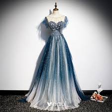 Fashion Navy Blue See Through Evening Dresses 2020 A Line Princess Scoop Neck Sleeveless Appliques Flower Beading Glitter Tulle Sweep Train Ruffle Backless F Cheap Evening Dresses Evening Dresses Formal Dresses