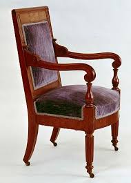 This Wooden Chair Has Reeded Front Legs Scrolled Arms And Casters And Is Upholstered In Blue It Was One Of The Chairs President Jame Wooden Chair Chair Room