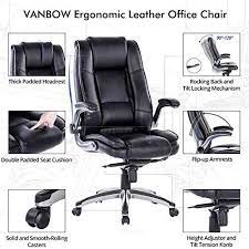 vanbow high back leather office chair adjustable tilt angle and flip up arms executive computer desk chair thick pad leather office chair office chair chair