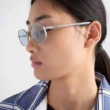Prada Sunglasses Silver Oval Frame Azure Lenses