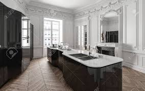 La cocina se considera el lugar más popular de casa. Elegante Cocina Moderna En Blanco Y Negro Con Electrodomesticos Y Gabinetes Isla Central Paneles De Madera Chimenea Y Ventana Brillante Render 3d Fotos Retratos Imagenes Y Fotografia De Archivo Libres De Derecho