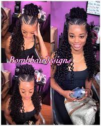 Half Up Half Down Bun And Feeder Braids Curly Hair Sewin Half Braided Hairstyles Curly Hair Styles Braids With Weave