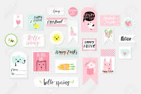 abstract blue green yellow pink colored easter and spring printable tags stickers and stamps collection hand drawn cute animals signs and lettering sticker kit vector illustration royalty free svg cliparts vectors and