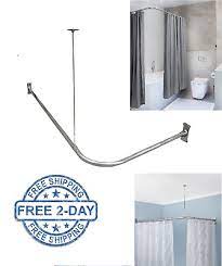 The rod looks like it is going to fall off it doesn't want to sit level, but without some support at the curve, i don't see how it would. L Shaped Shower Curtain Rod Ceiling Support Curved Pole Corner Bath Rail Chrome Ebay