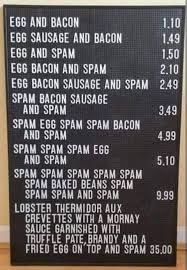 Would you like Spam with that? This is the menu on the wall of a cafe in an  infamous 1970 Monty Python skit. Mrs. Bun (Graham Chapman) doesn't want Spam.  Mr. Bun (