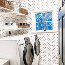 Beautiful wallpapered glam laundry room with small desk spot. Modern Delicate Herringbone Wallpaper In Black And White Scandinavian Design Removable Self Adhesive Traditional Material Laundry Room Wallpaper Laundry Room Design Laundry Room Storage