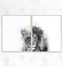 Black And White Lion And Lioness Picture Set Of 2 Black And White Lions Printable Watercolor Wall Art Lion Wall Art Lioness Print Nursery Prints Safari Nursery In 2020 Lion Wall Art Black And White Lion Animal Wall Art