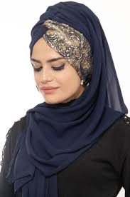 Aise Tesettur Lacivert Gold Pul Payet Islemeli Bandana Pratik Sal 1 Guzel Turban Payet Sal