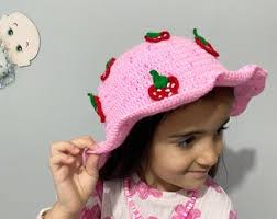Handmade Crochet Strawberry Bucket Hat: Ruffle Brim Summer Sun Hat