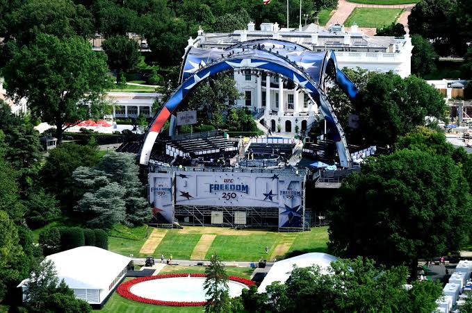 The UFC Freedom 250 arena on the White House South Lawn, AI generated