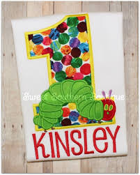 Birthday Shirt Happy Embroidered First One 1 2 3 4 5 6 7 8 9 Two Three The Very Hungry Caterpillar Blue Green Red Orange Name Number Purple Applique
