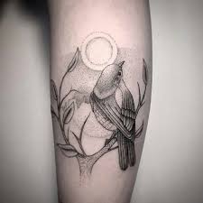 Many birds are rooted in religion, local cultures. Stippling Style Black Ink Arm Tattoo Of Small Bird Sitting On Tree Branch Tattooimages Biz