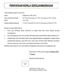 Contoh surat pernyataan kepsek tentang daerah sulit : Download Surat Pernyataan Kepala Sekolah Madrasah Untuk Prasyarat Akreditasi Sidapodikdas