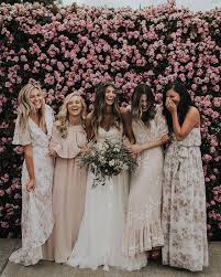 Bridesmaids In Mismatched Floral Maxi Dresses And In Blush Ones For A Tender And Bridesmaid Dresses Boho Wedding Bridesmaid Dresses Printed Bridesmaid Dresses
