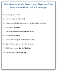 Blockbuster Movie Synonyms Unique Quiz Night Round Fun Quiz Questions Trivia Night Questions Family Quiz