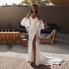 Ilovewedding zarif dantelli sevgiliye saten gelinlik kapalı omuz  ayrılabilir puf kollu yüksek yarık mermaid gelinlikler İnternetten satın al  ~ Düğünler Ve Etkinlikler  Sedaturan.com.tr