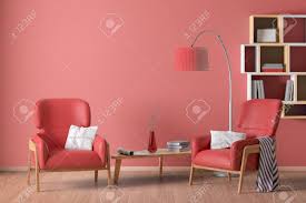 Use this leather coffee table to add style and practical functionality to any formal room. Interior Of Living Room With Cozy Two Red Leather Armchairs Wooden Triangular Coffee Table Floor Lamp And Bookshelf On The Red Wall 3d Illustration Stock Photo Picture And Royalty Free Image Image