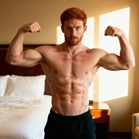 Redhead Male Bodybuilder Posing in Hotel Bedroom | AI Art Generator | Easy-Peasy.AI