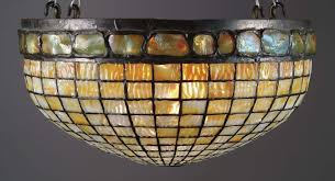 Interesting Tiffany Studios Hanging Shade In A Geometric Pattern With A Row Of Turtle Back Tile Glass Around The Top Row
