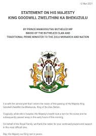 South africa's zulu king goodwill zwelithini has died at age 72, prince mangosuthu buthelezi confirmed in a statement on friday. Jjful9qnsqz Dm
