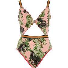River Island Pink Tropical Print Scallop Longline Swimsuit 84 Liked On Polyvore Featuring Sw Swimwear Beachwear Scalloped One Piece Swimsuit Pink Tropical
