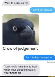 Want To Order Pizza Crow Ofjudgement For Medical Reasons Iol You Should Have Stated How Weak Your Bloodline Was In Your Tinder Bio Ifunny Stupid Funny Memes Stupid Memes Stupid Funny