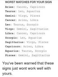 Or the cancer could release substances that change the way the body makes energy. Worst Matches For Your Sign Aries Cancer Capricorn Taurus Leo Aquarius Gemini Virgo Pisces Cancer Aries Libra Leo Taurus Scorpio Virgo Gemini Sagittarius Libra Cancer Capricorn Scorpio Leo Aquarius Sagittarius Virgo Pisces