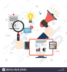 Hands With Magnifying Glass And Megaphone Financial Chart