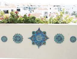 Ceramic Wall Art Outdoor Wall Art Circles Wall Sculpture Made From Ceramic Ceramic Tiles Set Of 5 Circle Wall Art Mandala 3 Turquoise In 2020 Ceramic Wall Art Outdoor Wall Art Geometric Wall Art