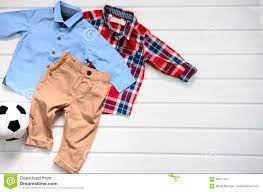Baby Boy Clothing Set Blue Shirt Plaid Red Shirt And Brown Pan Stock Photo Image Of Casual Essentials 90871354