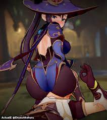 1boy 1girls actuale aether (genshin impact) ass ass on face  blurry background blush clothed cunnilingus through clothes facesitting genshin  impact looking back mona (genshin impact) 