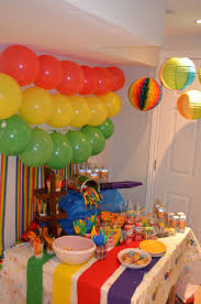 Balloons Rainbow Streamers And Colourful Lanterns Make The Backdrop For The Table Setting Fo Crayola Birthday Party Art Birthday Party Crayon Birthday Parties