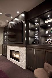 Dark Custom Stain For The Built In Maple Media Cabinets Camouflage The Tv Stand Out Was The Fireplace Which Is Home Theater Rooms Home Theater Seating Home