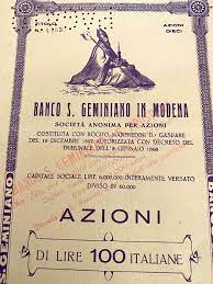 Prospero (bpv bsgsp) che il 1º giugno 2002 si unì alla banca popolare di novara dando vita al banco popolare di verona e novara, il quale il 1º luglio 2007 si fuse con la banca popolare. 1932 Banco Di San Geminiano In Modena 10 Azioni Modena