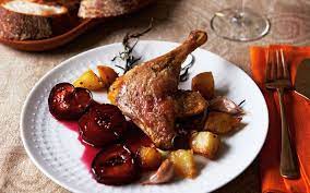 Duck Legs With Sweet And Sour Roasted Plums Recipe Plum Recipes Dinner Party Dishes Recipes
