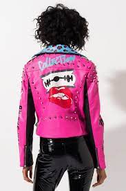 Azalea Wang Graffiti Pattern Multicolor Waist Belt Long Sleeve Faux Leather Moto Jacket In Pink Black In 2021 Embellished Jacket Jackets Faux Leather Moto Jacket