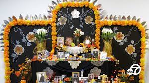 Ambesonne sugar skull outdoor tablecloth, angel with skull head on top of altar to celebrate dia de los muertos, decorative washable picnic table cloth, 58 x 104, purple orange. Dia De Los Muertos Altar Significance Behind Key Component Explained Abc7 Los Angeles